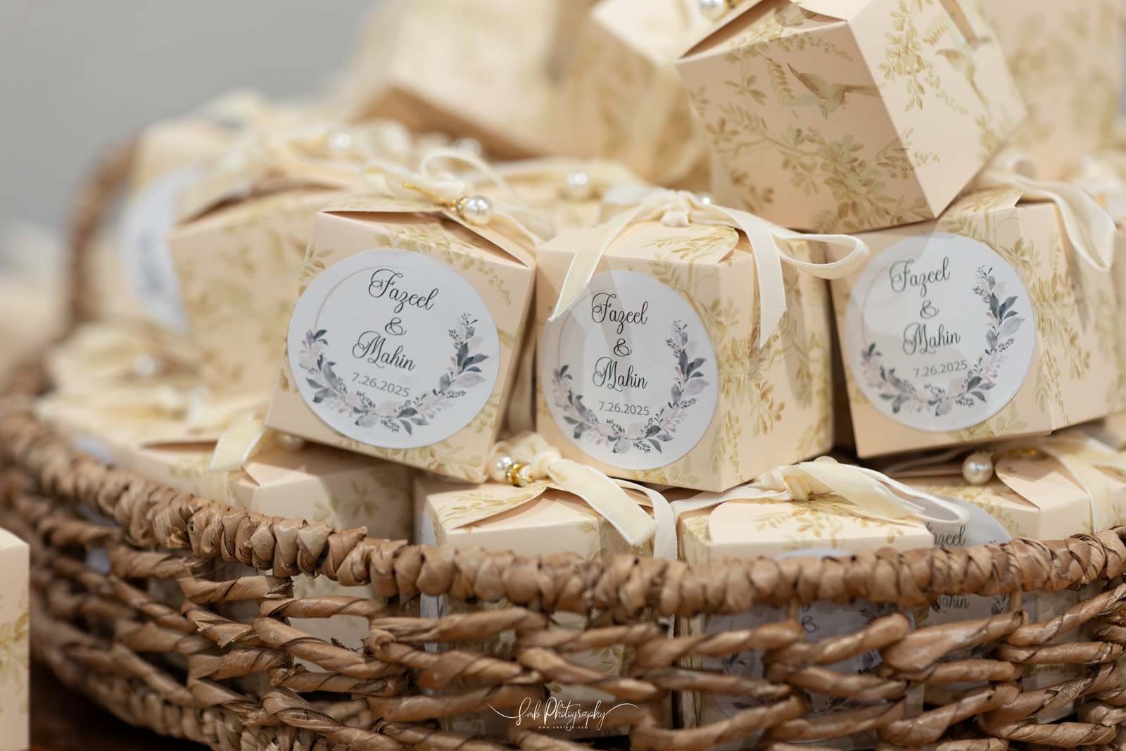 Wrapped favours in a woven basket
