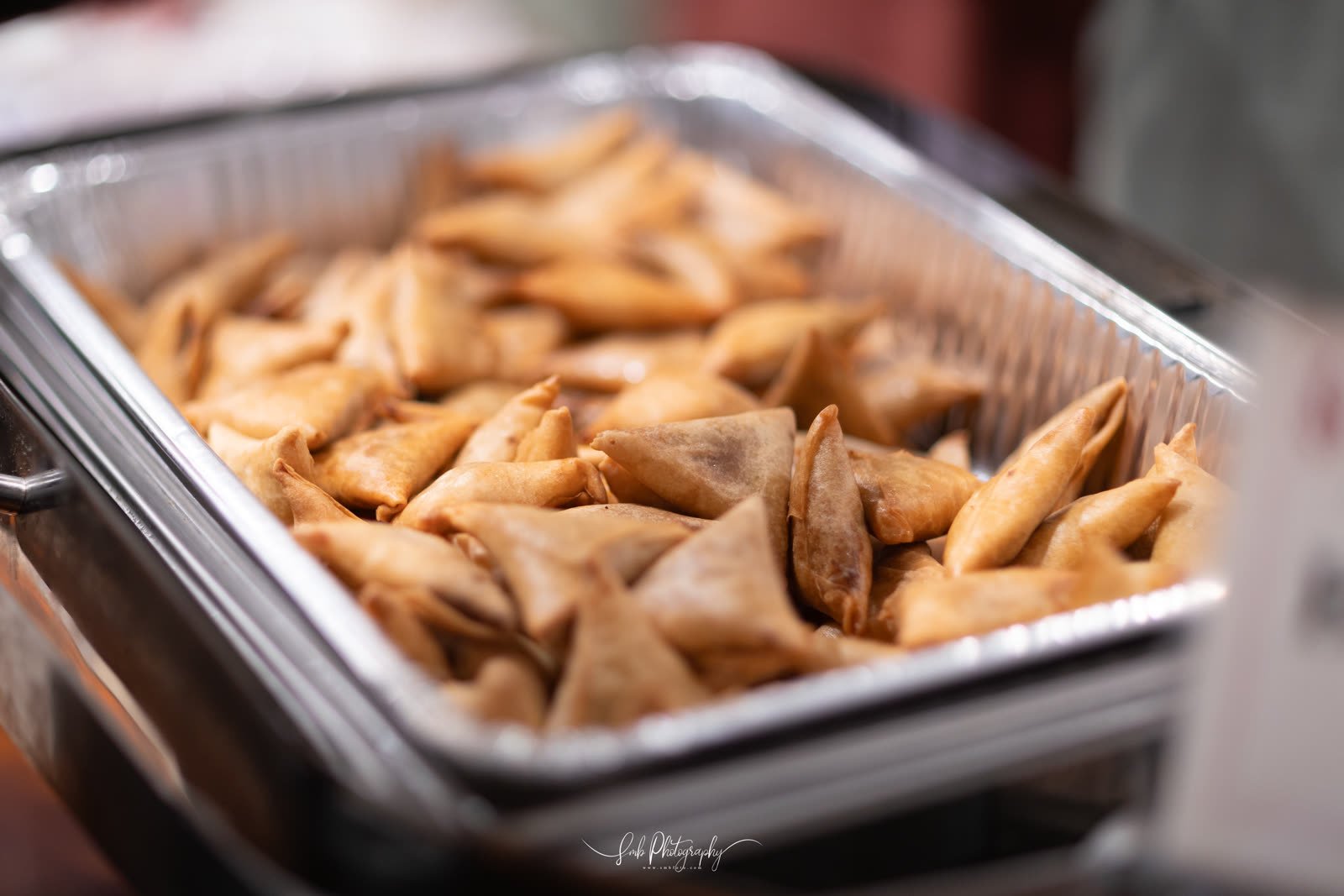 Beef samosas in the chafing dish