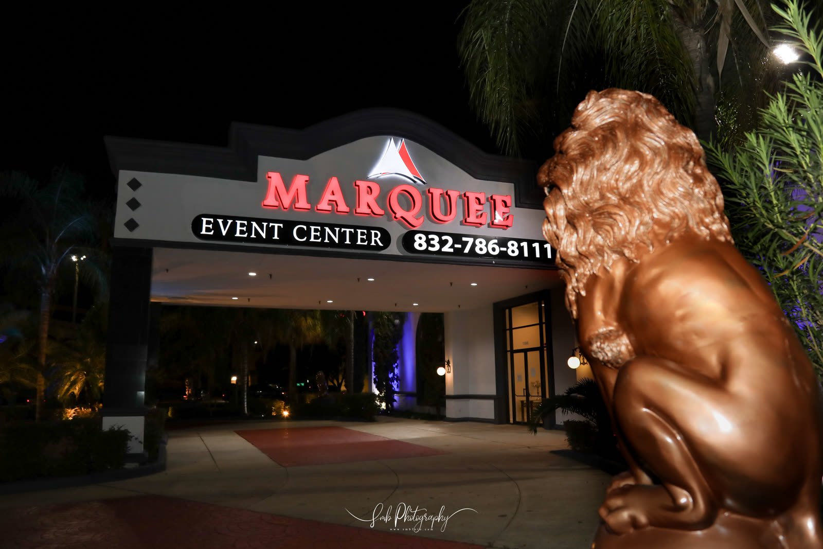 The entrance canopy and lion statue
