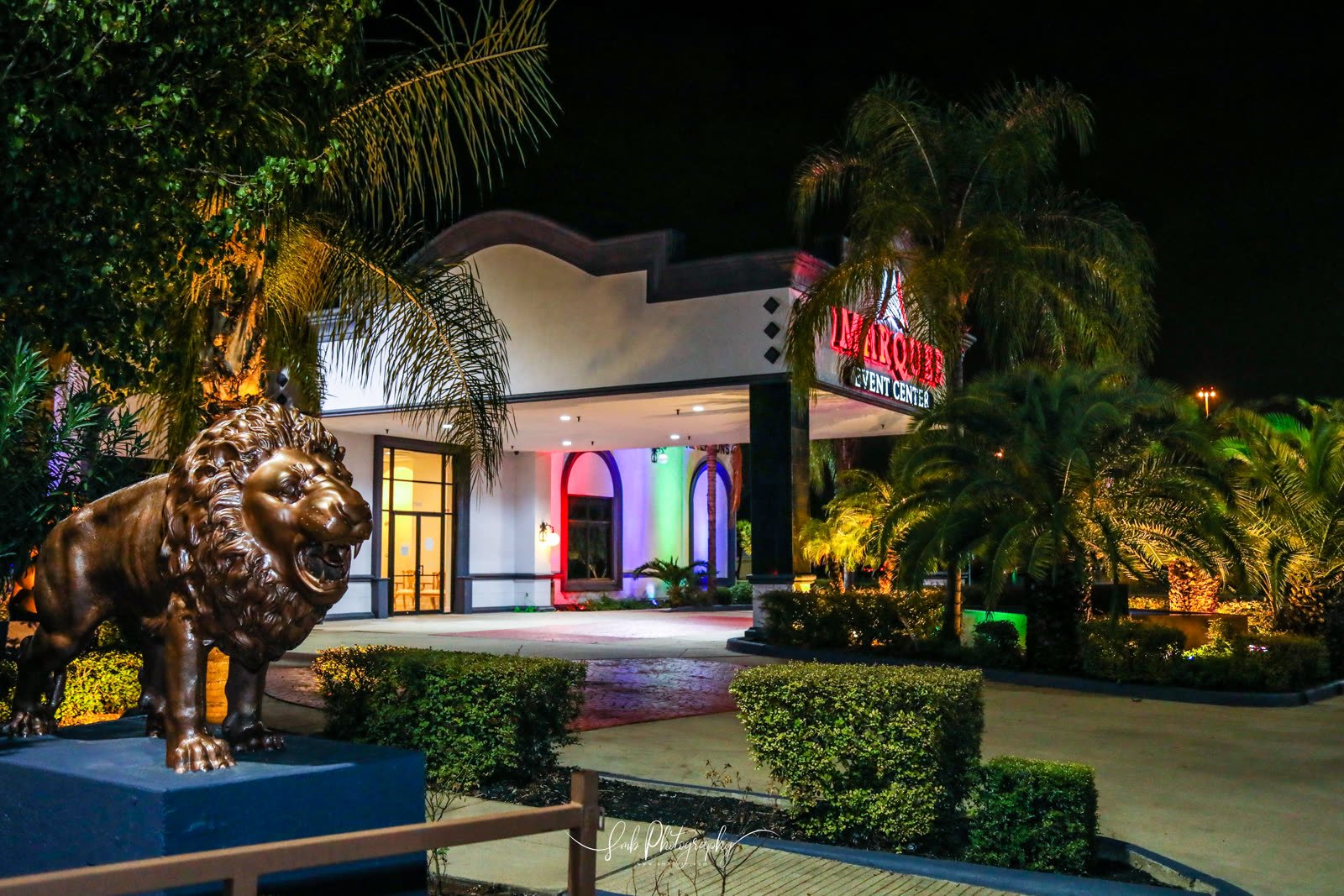 The building at night from the forecourt