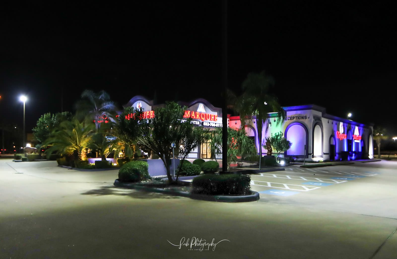 The forecourt and fountain after dark