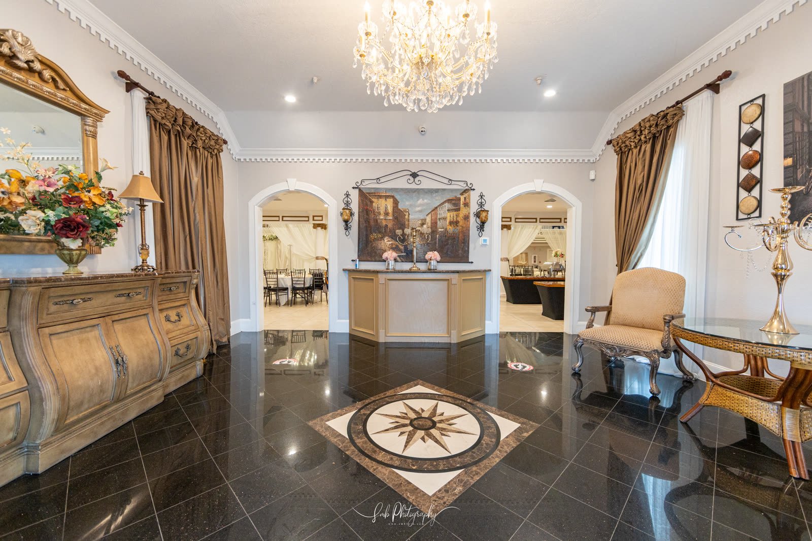 The lobby floor and mirrored entry